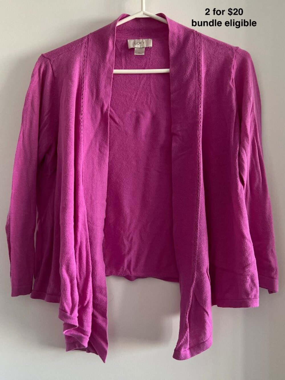 LOFT Magenta Fuchsia Open Front Draped Cardigan Eyelet Trim M